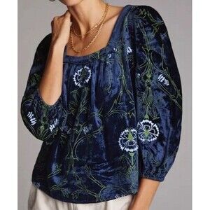 Anthropologie Navy Blue Embroidered Velvet Blouse Square Neck Puff Sleeve XS
